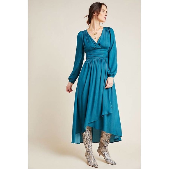 Anthropologie Gwendolyn Turquoise Pleated Maxi Dress Long Sleeve Boho Size 2 NWT - Picture 4 of 15